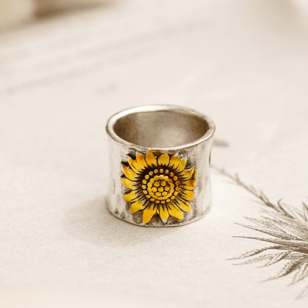 To My Daughter Golden Sunflower Wide Band Ring