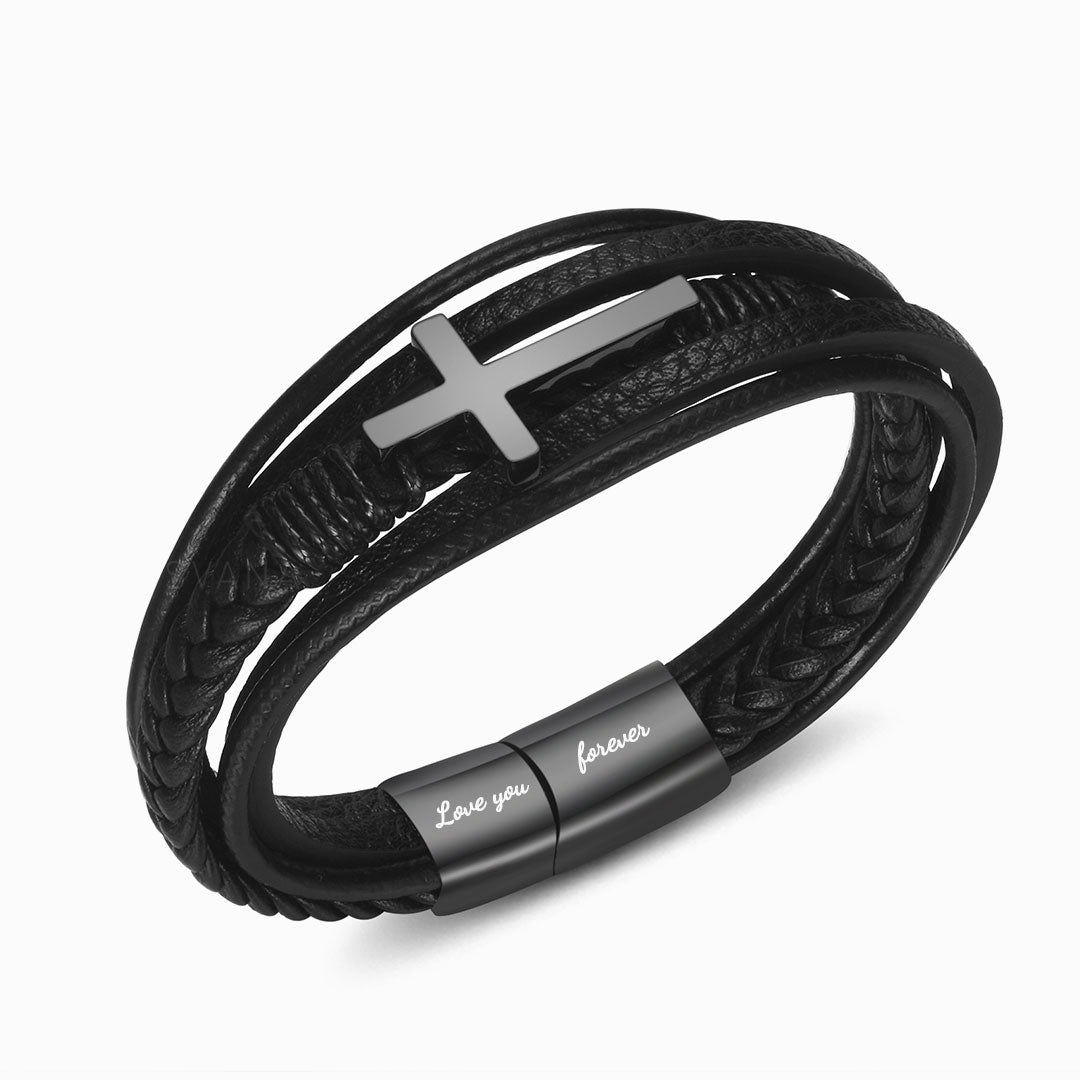 To My Son, Be Bold, Brave, and Strong Leather Cross Bracelet