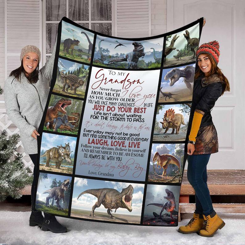 To My Grandson From Grandma Dinosaur Fleece Blanket,Gifts Birthday, Sherpa Blanket, Mink Blanket, Family Blanket, Special