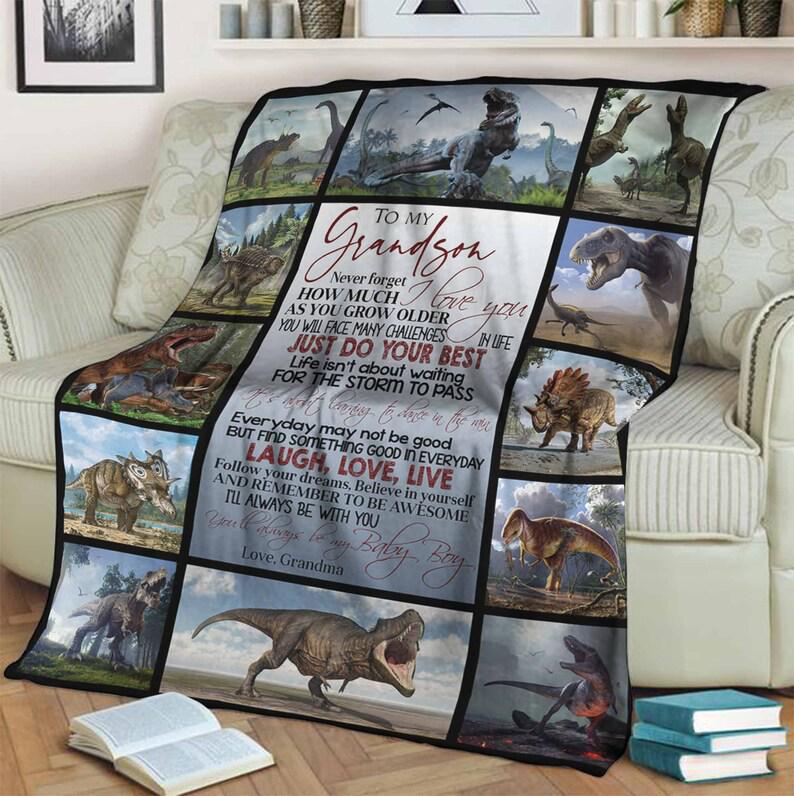 To My Grandson From Grandma Dinosaur Fleece Blanket,Gifts Birthday, Sherpa Blanket, Mink Blanket, Family Blanket, Special