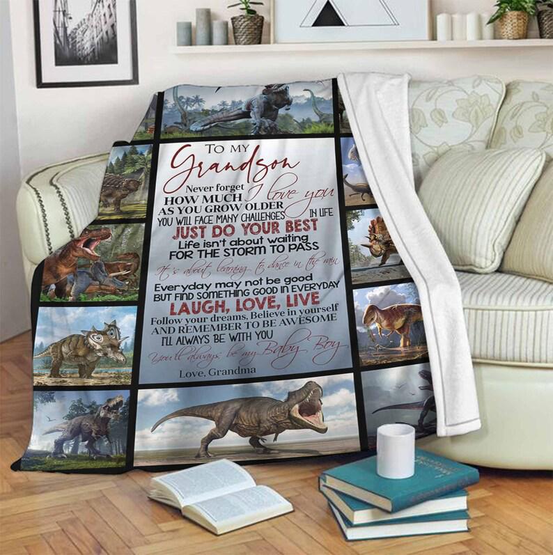 To My Grandson From Grandma Dinosaur Fleece Blanket,Gifts Birthday, Sherpa Blanket, Mink Blanket, Family Blanket, Special