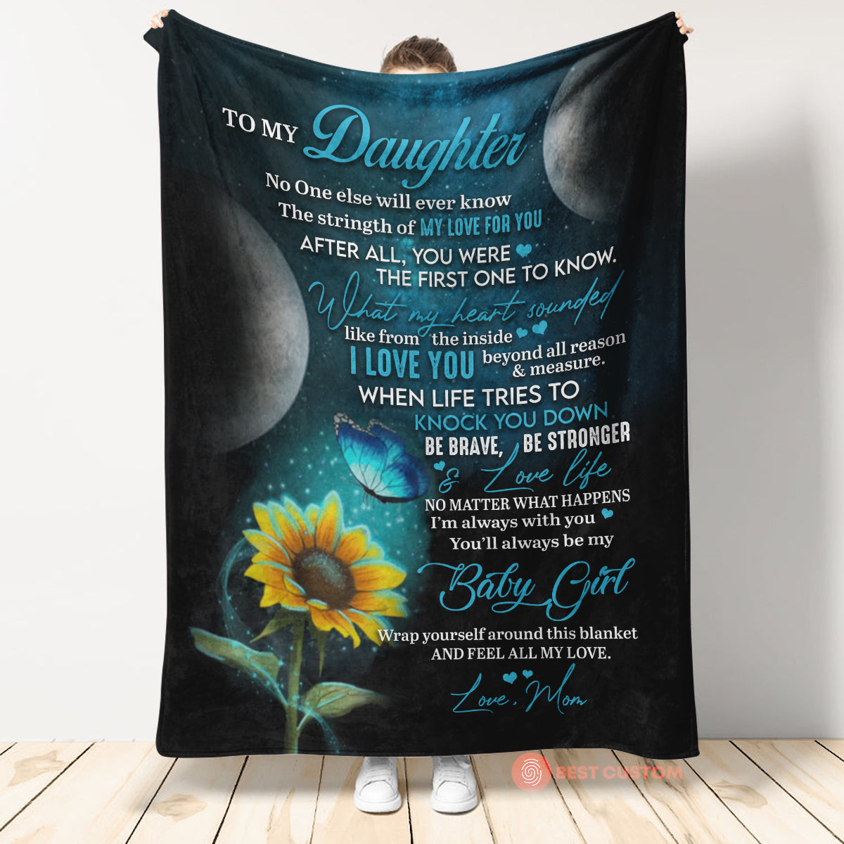 To My Daughter Sunflower Blue Butterfly Mom Fleece Blanket Home Decor Bedding Couch Sofa Soft And Comfy Cozy