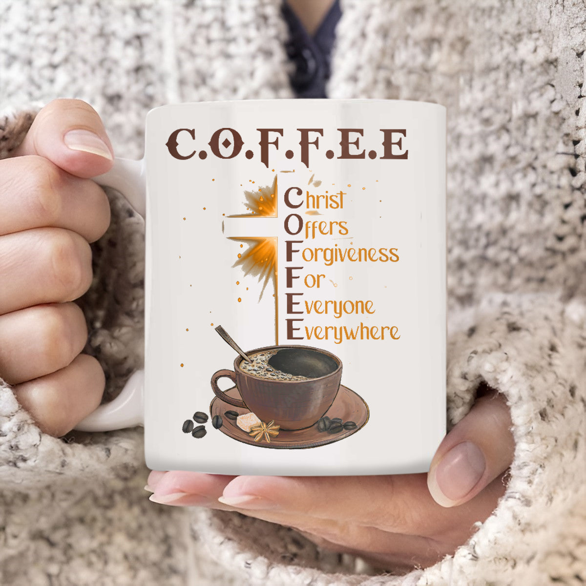 Coffee cup, Gift for coffee lover, Cross, Christ offers forgiveness for everyone - Jesus White Mug