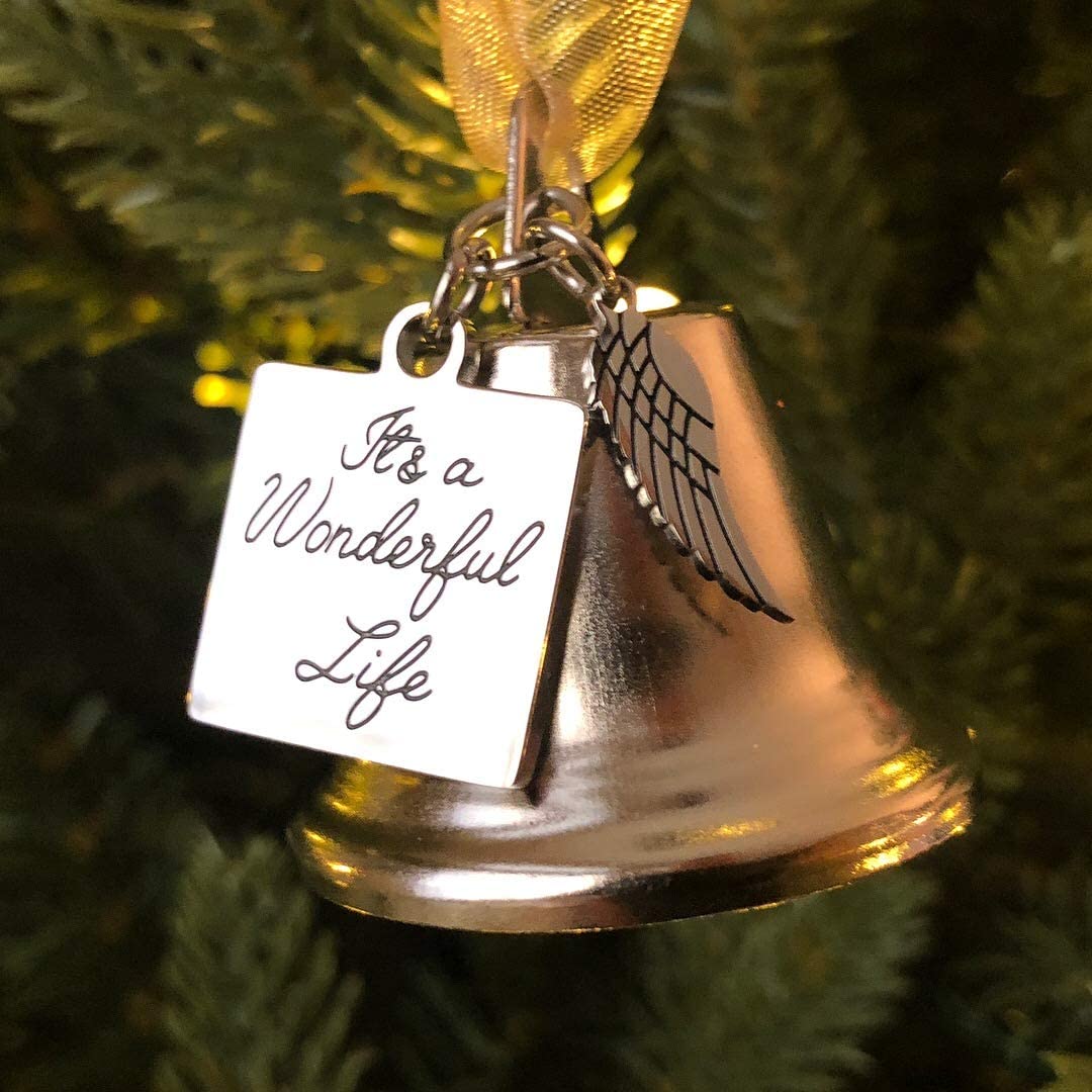 It's a Wonderful Life Inspired Christmas Angel Bell Ornament with Stainless Steel Angel Wing Charm