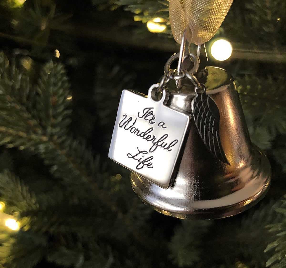 It's a Wonderful Life Inspired Christmas Angel Bell Ornament with Stainless Steel Angel Wing Charm