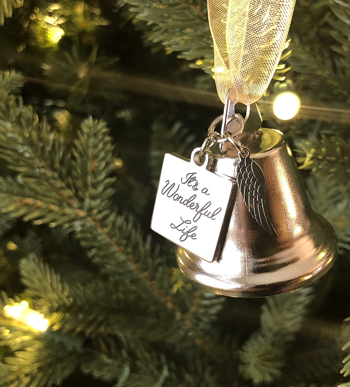 It's a Wonderful Life Inspired Christmas Angel Bell Ornament with Stainless Steel Angel Wing Charm