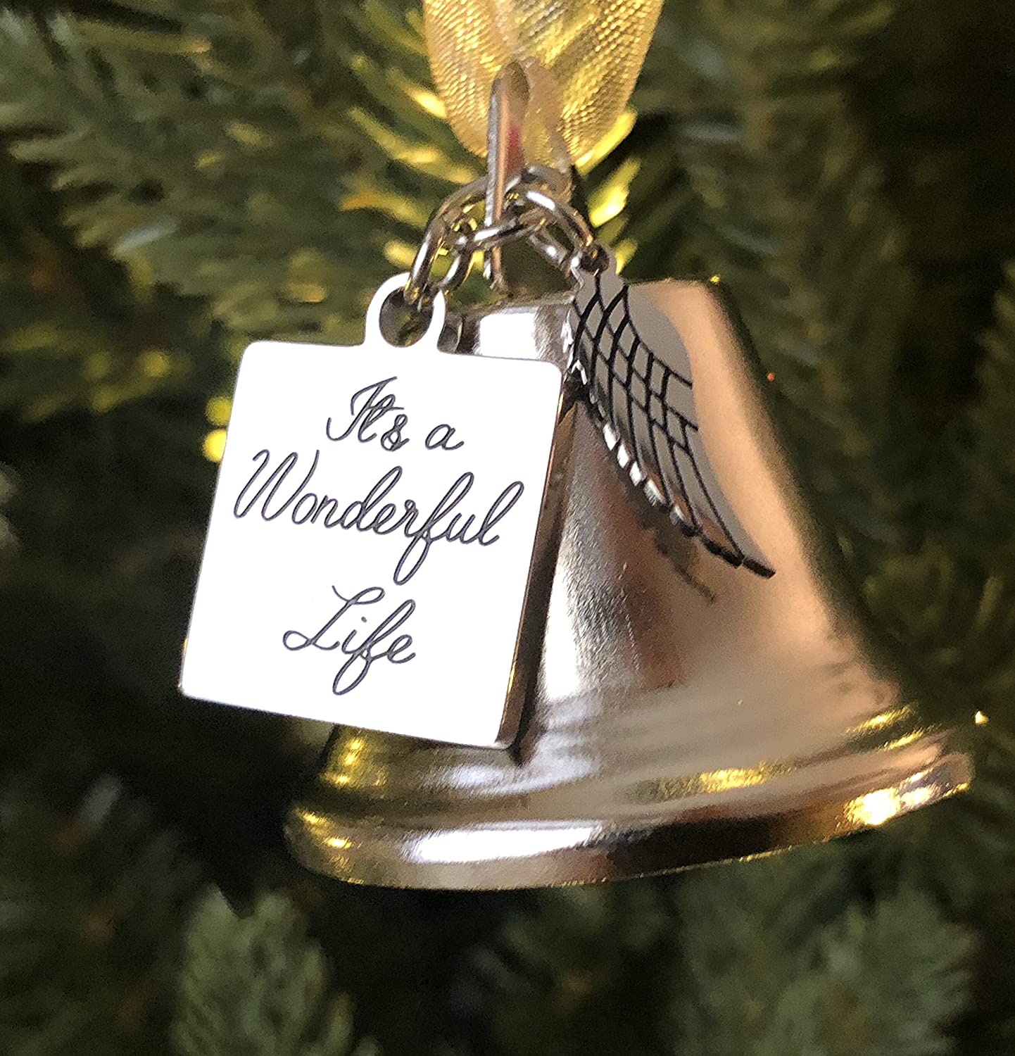 It's a Wonderful Life Inspired Christmas Angel Bell Ornament with Stainless Steel Angel Wing Charm