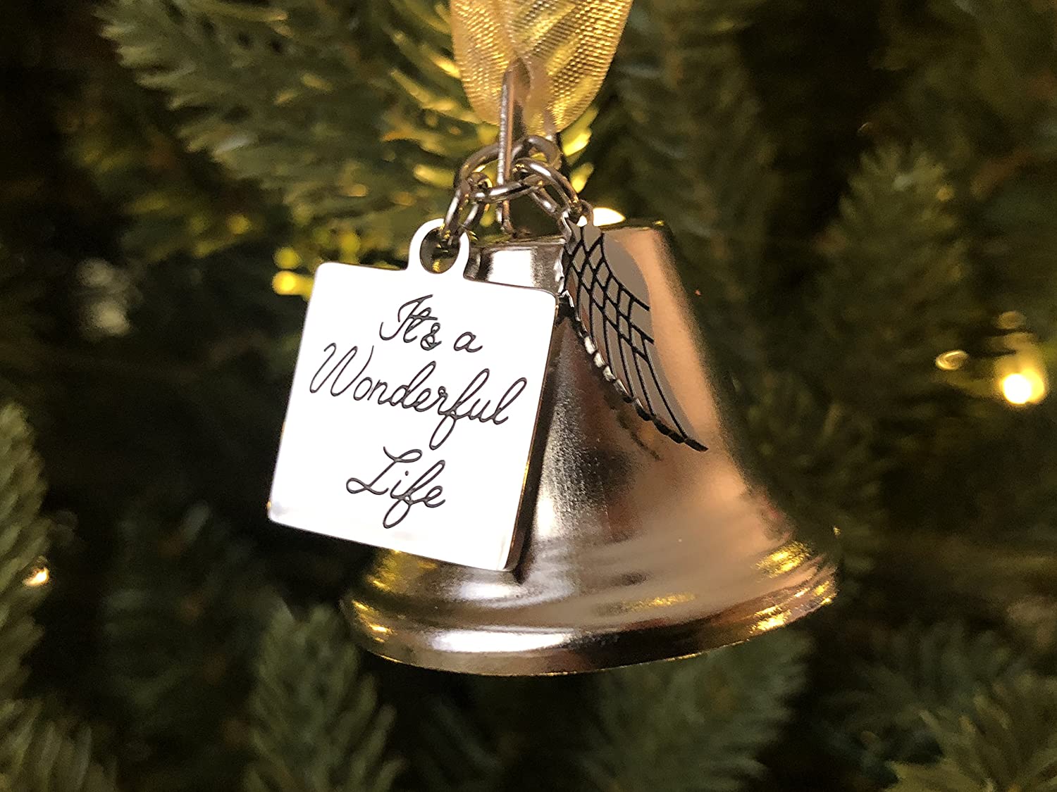 It's a Wonderful Life Inspired Christmas Angel Bell Ornament with Stainless Steel Angel Wing Charm