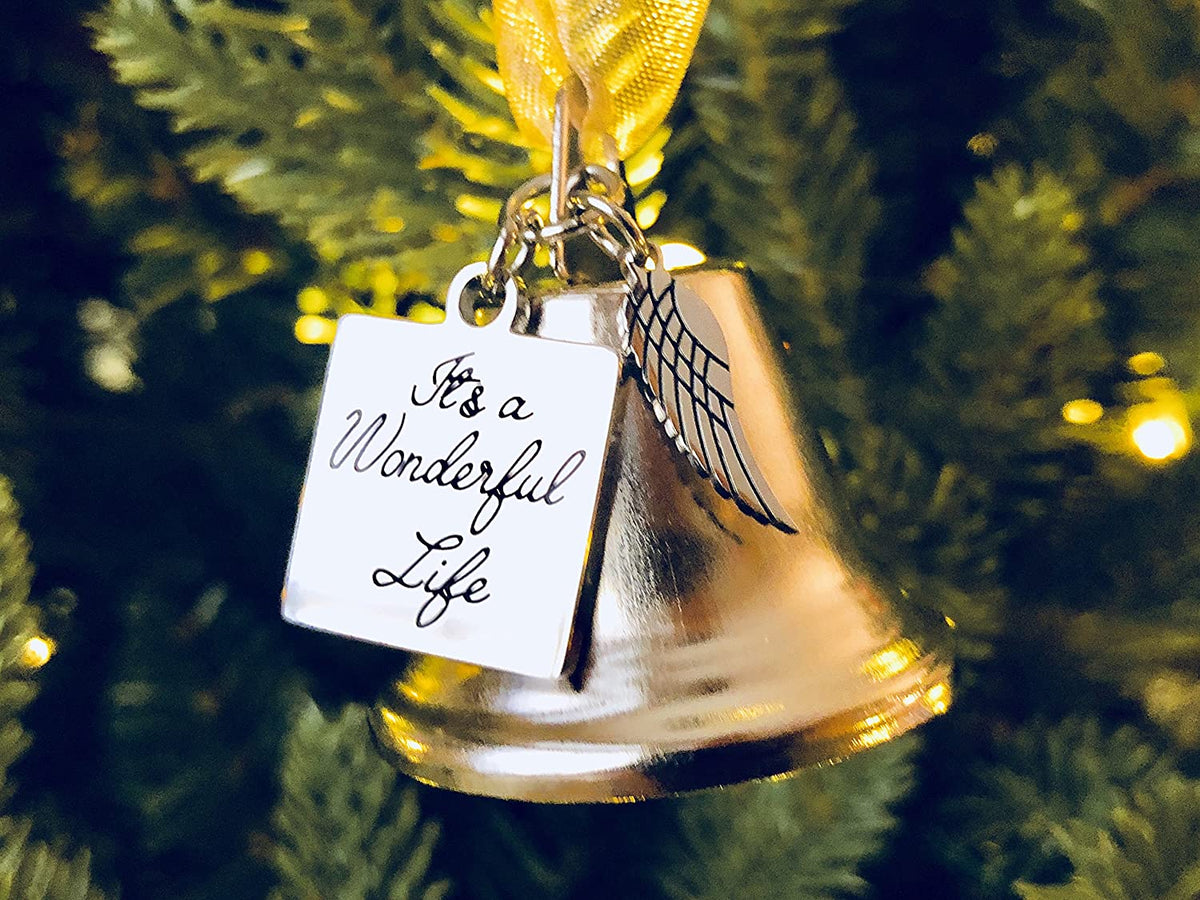 It's a Wonderful Life Inspired Christmas Angel Bell Ornament with Stainless Steel Angel Wing Charm