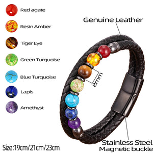 Natural Round Chakra Bead Stone Bracelet, Classic Black Genuine Leather & Stainless Steel Bangles