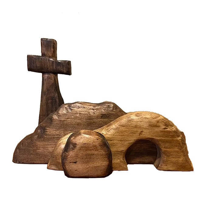 Easter Tomb And Cross Set - Jesus Resurrection Scene - Wooden Tabletop Ornament