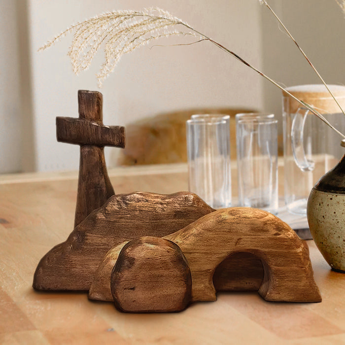 Easter Tomb And Cross Set - Jesus Resurrection Scene - Wooden Tabletop Ornament