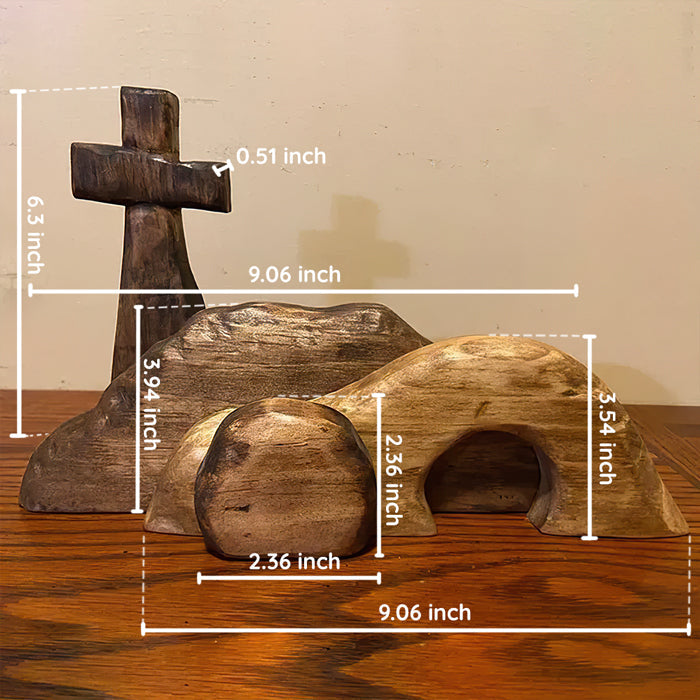 Easter Tomb And Cross Set - Jesus Resurrection Scene - Wooden Tabletop Ornament