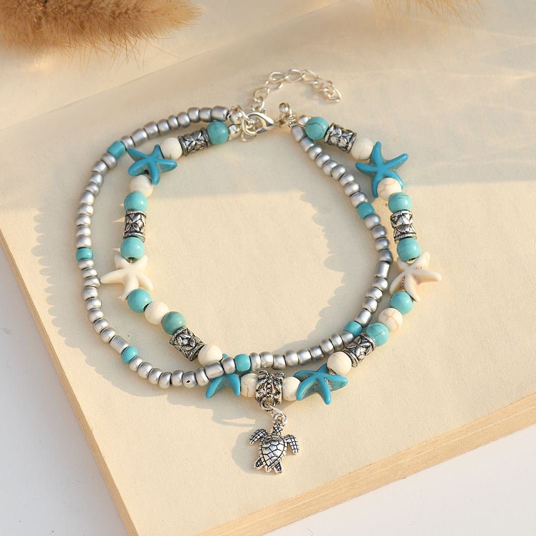 To My Best Friend Beachy Sea Star & Turtle Ankle Bracelet