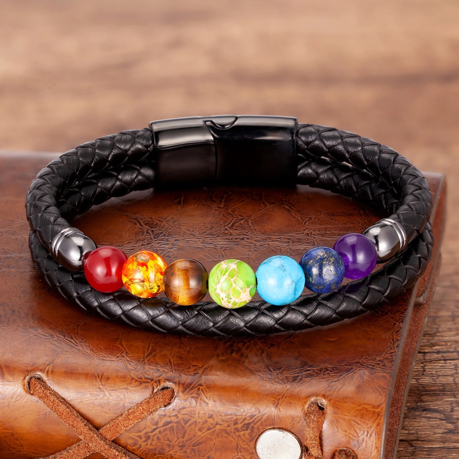 Natural Round Chakra Bead Stone Bracelet, Classic Black Genuine Leather & Stainless Steel Bangles