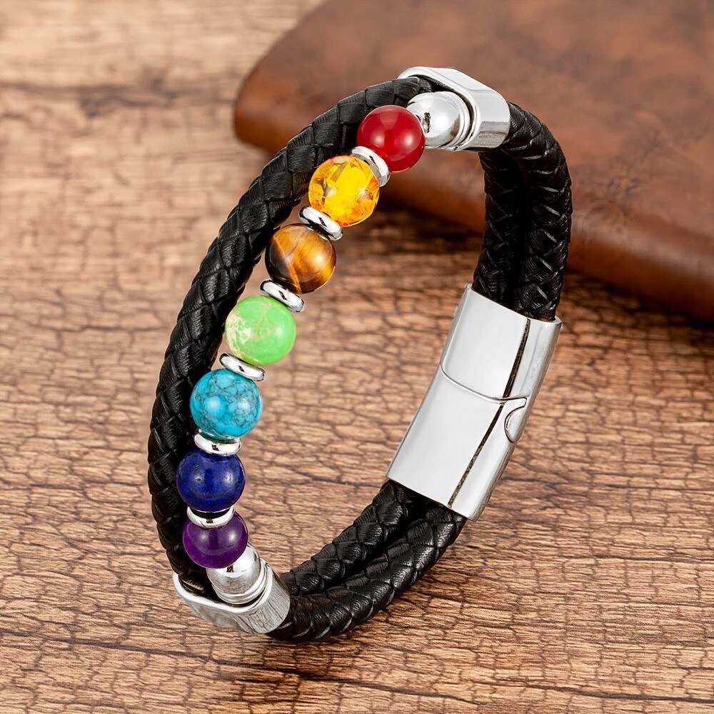 Natural Round Chakra Bead Stone Bracelet, Classic Black Genuine Leather & Stainless Steel Bangles
