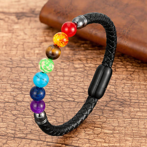 Natural Round Chakra Bead Stone Bracelet, Classic Black Genuine Leather & Stainless Steel Bangles