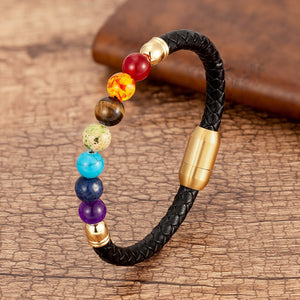 Natural Round Chakra Bead Stone Bracelet, Classic Black Genuine Leather & Stainless Steel Bangles